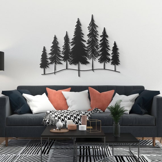 Metal Pine Tree Silhouette Wall Art, Handcrafted Forest Landscape Decor, Indoor/Outdoor Metal Sculpture