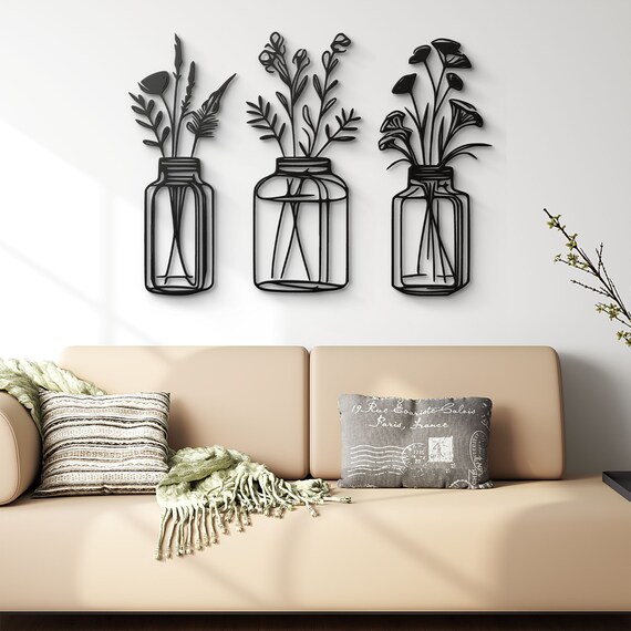 Set Of 3 Floral Metal Wall Art  - Perfect Home Decor, Elegant Black and White Flower Vases