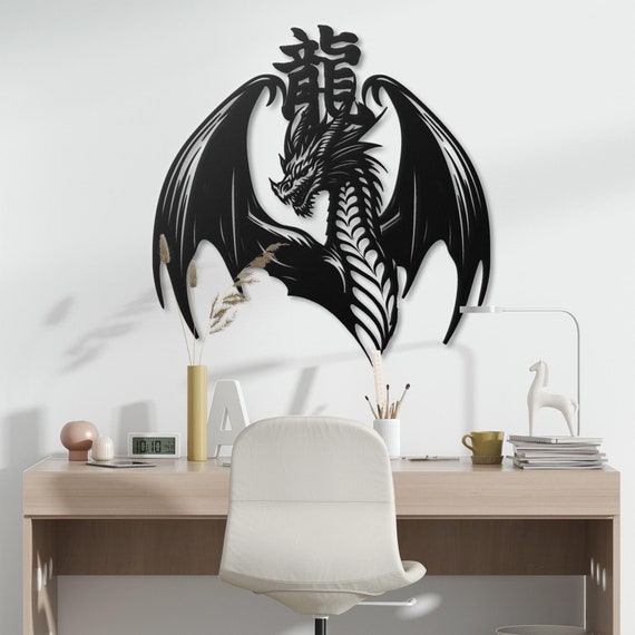 Dragon Metal Wall Art Decor with Kanji - Black Steel Artwork for Home, Office or Gift - Handmade Metal Dragon Wall Decor