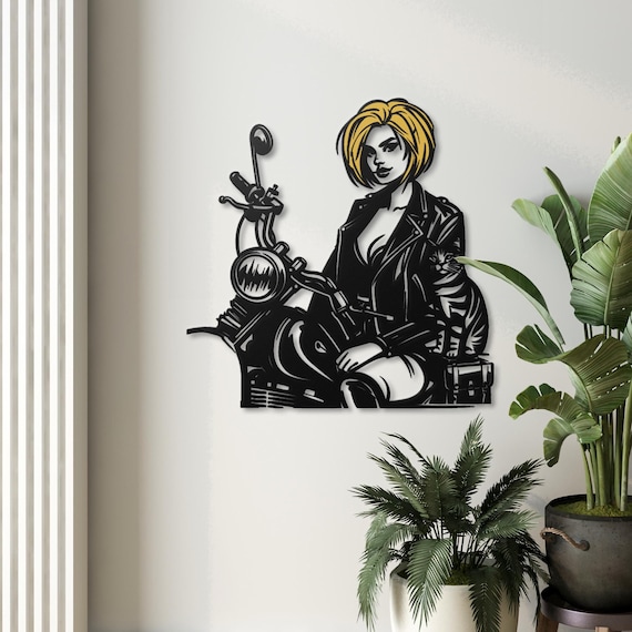 Metal Wall Art Biker Girl with Cat -  Unique Motorcycle Decor - Metal Art for Home & Garage