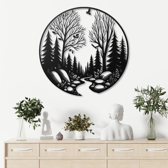 Forest Landscape Metal Wall Art Woodland Scene Bird Silhouette Nature Inspired Home Decor Rustic Wall Hanging Living Room Bedroom