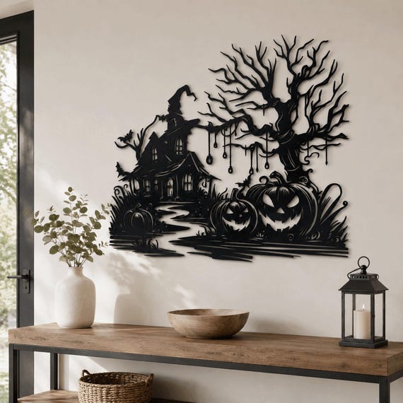 Halloween Metal Wall Art, Haunted House Wall Decor, Pumpkin Wall Hanging, Spooky Tree Decor, Gothic Fall Home Decor