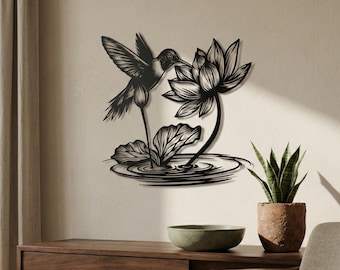 Elegant Hummingbird & Lotus Metal Wall Art -  Nature Decor for Home  Office