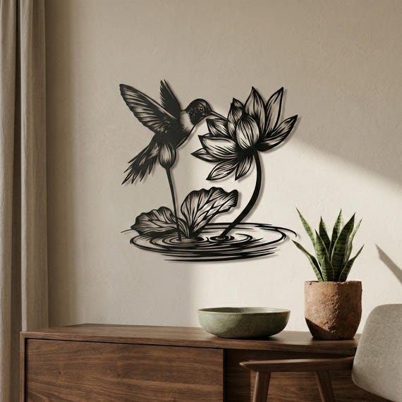 Elegant Hummingbird & Lotus Metal Wall Art -  Nature Decor for Home  Office