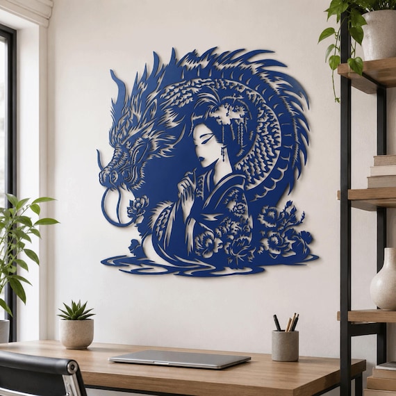 Geisha and Dragon Metal Wall Art, Japanese Home Decor ,