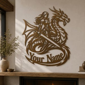 Personalized Female Knight Riding Dragon Metal Wall Art Fantasy Home Wall Decor