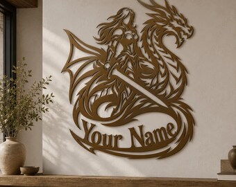 Personalized Female Knight Riding Dragon Metal Wall Art Fantasy Home Wall Decor