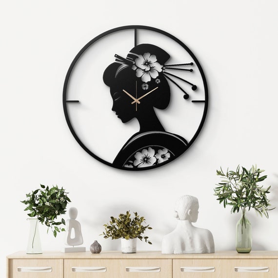 Geisha Silhouette Metal Wall Clock - Elegant Japanese Art Design - Stylish Home Decor