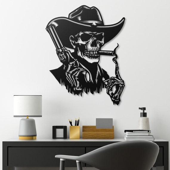 Skeletal Cowboy Metal Wall Art Western Outlaw Decor Gothic Living Room Statement Piece Aesthetic Room Decor
