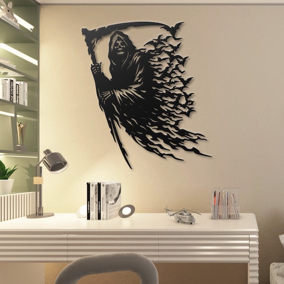 Grim Reaper with Bats Metal Wall Art - Gothic Home Decor