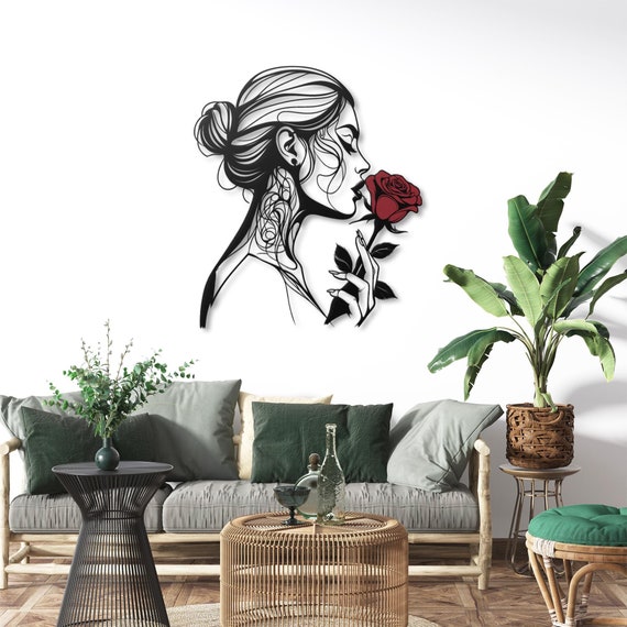 Elegant Metal Wall Art | Woman with Rose Silhouette | Red Rose Metal Art Decor | Modern Home Wall Decor | Metal Art for Living Room |