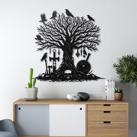 Viking Graveyard Metal Wall Art - Mystical Tree with Ravens, Swords, Axes, and Skulls - Unique Viking Decor Gift