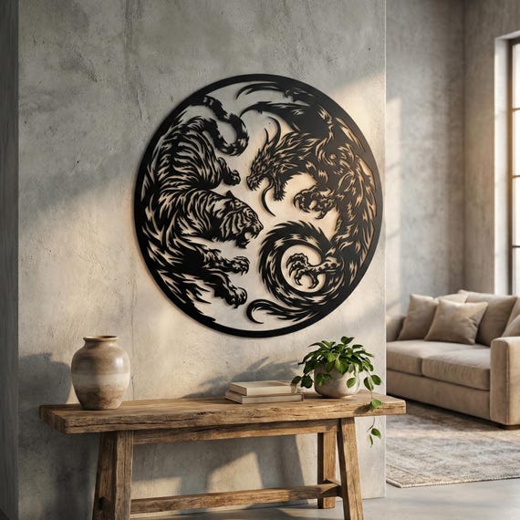 Yin Yang Tiger and Dragon Metal Wall Art, Feng Shui Decor