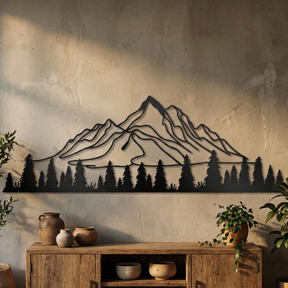 Metal Mountain and Pine Tree Wall Art: Nature Wall Decor
