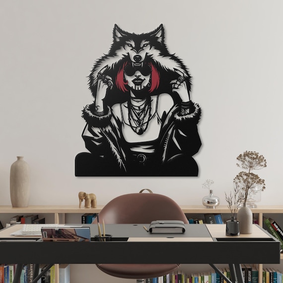 Wolf Headdress Woman Metal Wall Art, Edgy Bohemian Decor with Wolf Hood, Gothic Tribal Wall Hanging, Modern Metal Artwork for Unique Home