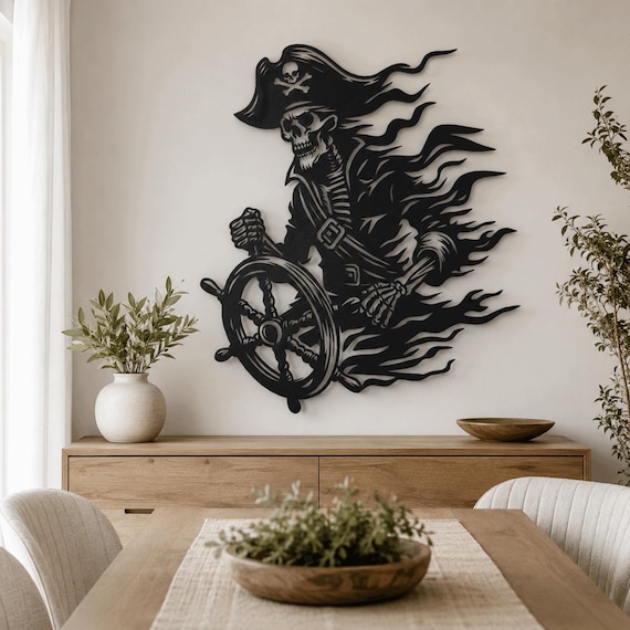 Pirate Skull Metal Wall Art, Nautical Skeleton Captain Decor