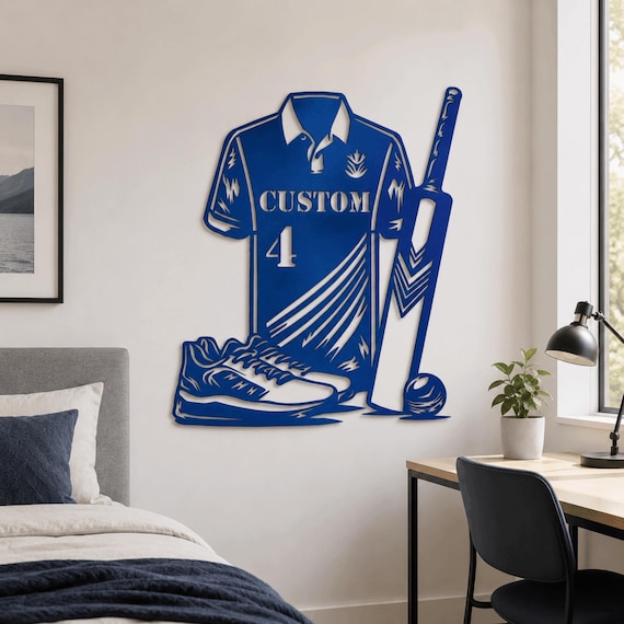 Custom Cricket Gear Metal Wall Art – Personalized Jersey, Bat & Ball
