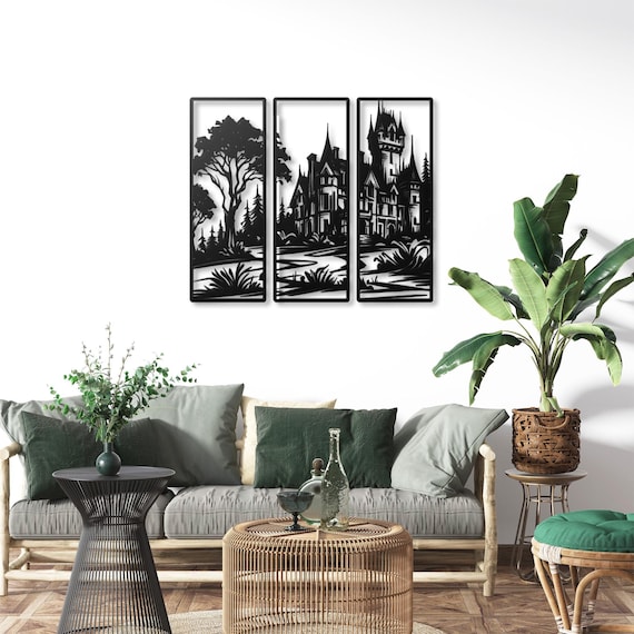 Gothic Castle Silhouette Metal Wall Art - Triptych Black Decor Home, Unique Castle Art for Living Room  Office, Fantasy Castle Wall Hanging
