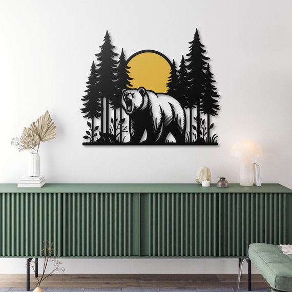 Roaring Bear in Forest Metal Wall Art with Dual Layer Design - Sunset Scene Wall Decor for Nature Lovers