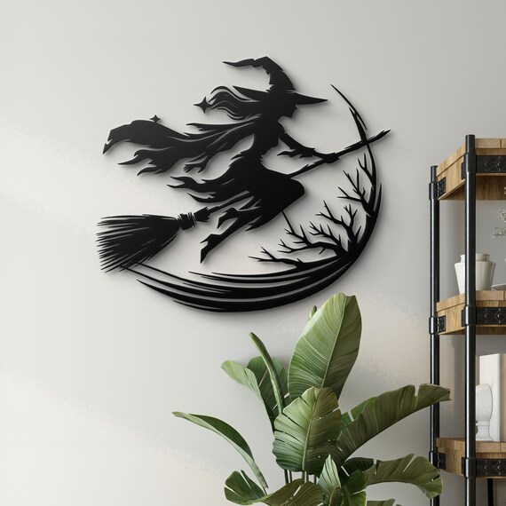 Witch on Broomstick Metal Wall Art - Halloween Decor - Witch Silhouette - Unique Witch Art - Wiccan Home Decor Witch Decor