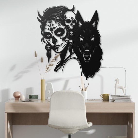 Day of the Dead Metal Wall Art – Sugar Skull Woman & Wolf – Gothic Home Decor – Ready to Hang