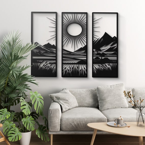 Set Of 3 Sunrise Mountain Metal Wall Art, Three-Panel Nature Panorama, Sunburst Over Peaks Home Decor Set