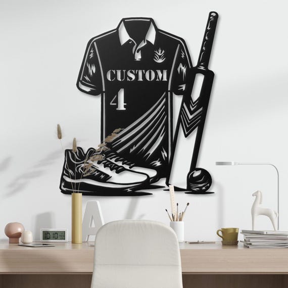 Custom Cricket Gear Metal Wall Art – Personalized Jersey, Bat, and Ball Ideal Gift for Cricket Fans