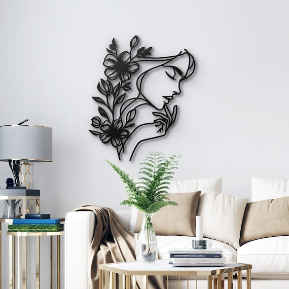 Elegant Woman & Floral Line Art - Minimalist Metal Wall Art for Home Décor