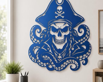 Pirate Skull Kraken Metal Wall Art, Gothic Nautical Man Cave Decor ,