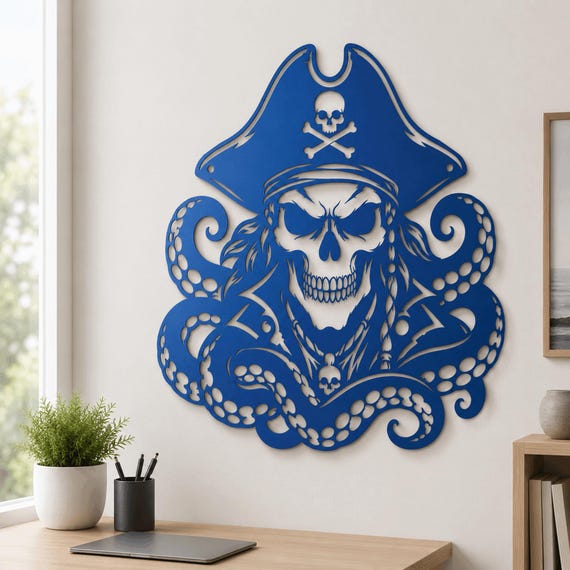 Pirate Skull Kraken Metal Wall Art, Gothic Nautical Man Cave Decor