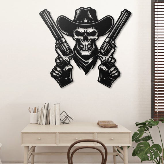 Wild West Skeleton Cowboy Metal Wall Art - Dual Pistols | Western Decor