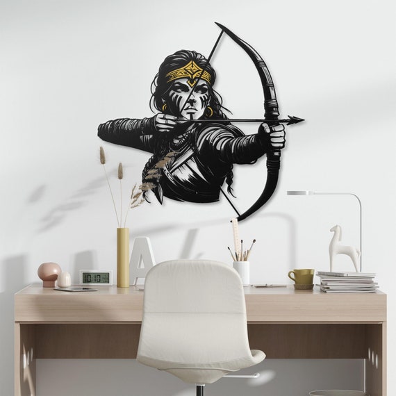 Warrior Archer Metal Wall Art | Fierce Female Archer Wall Decor | Bow and Arrow Themed Metal Wall Hanging | Unique Archer Gift Man Cave Sign