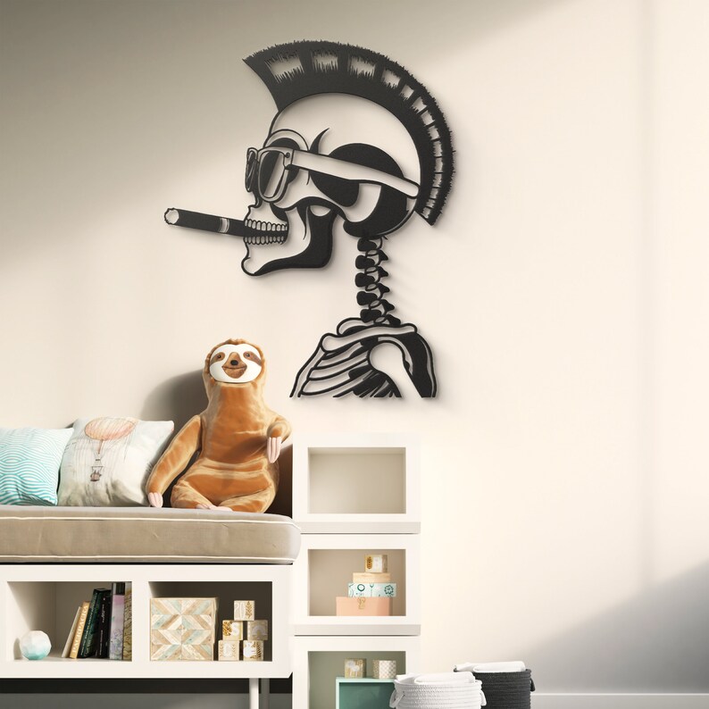 May include: Black and white wall art featuring a skeleton with a mohawk hairstyle, sunglasses, and a cigarette in its mouth. The skeleton is in a profile view and has a detailed ribcage and spine.
