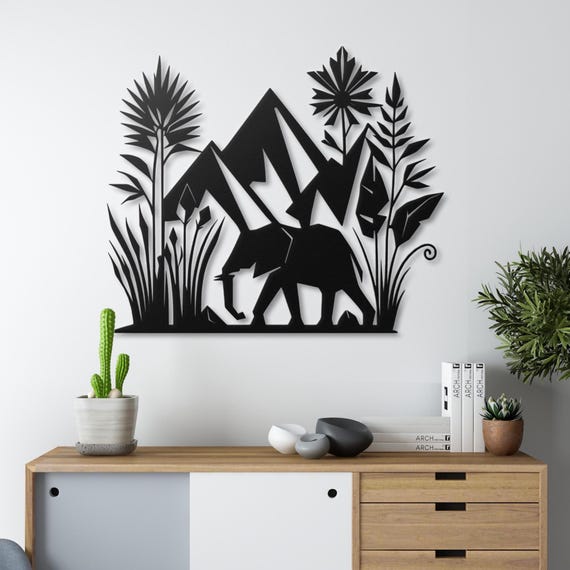 Safari Silhouette Metal Wall Art, African Elephant and Mountain Scenery, Nature Inspired Home Decor