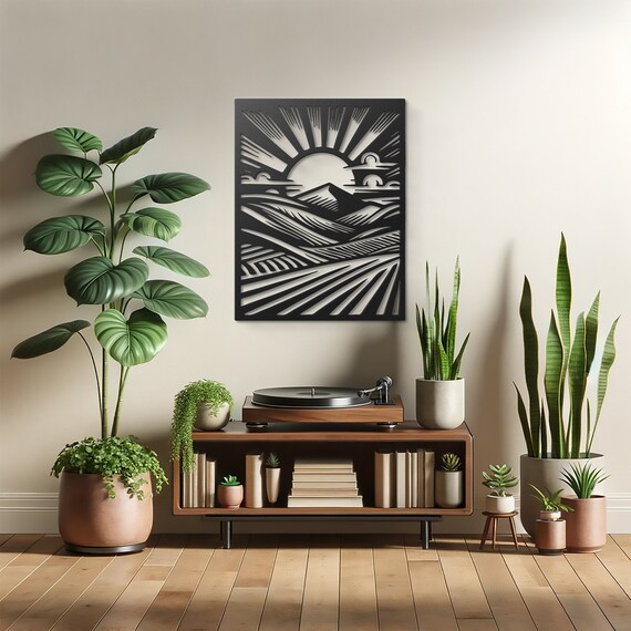 Radiant Dawn Over the Mountains Metal Wall Art, Abstract Sunburst Landscape Sculpture, Monochromatic Sunrise Decor, Modern Nature Artwork