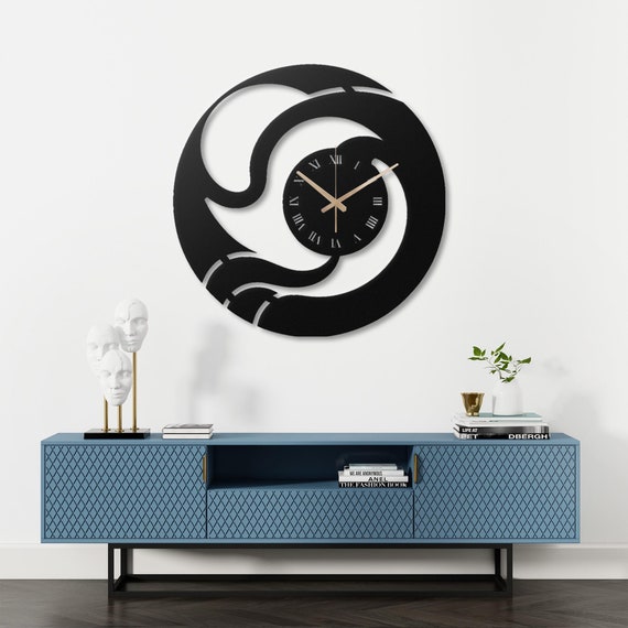 Modern Abstract Metal Wall Clock - Swirl Design with Roman Numerals - Unique Home Decor