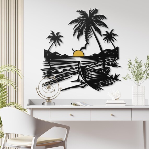 Tropical Sunset Beach Metal Wall Art with Yellow Sun Accent - 3D Layered Design - Coastal Home Decor