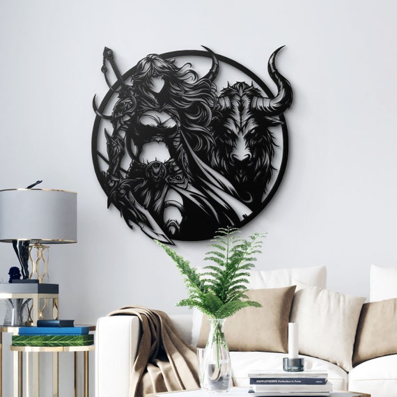 Fierce Female Warrior with Bull Metal Wall Art - Gothic Style Home Decor, Intricate Design, Perfect Gift