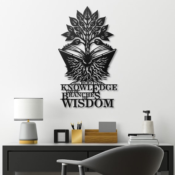 Knowledge and Wisdom Tree Metal Wall Art: Rooted Book Design with Inspirational Quote