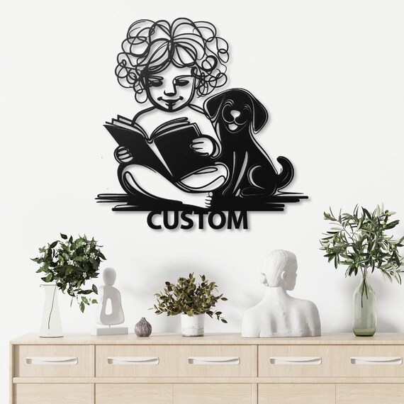 Custom Child and Dog Reading Metal Wall Art, Personalized Kids Room Decor, Cute Family Gift, Unique Nursery Metal Art