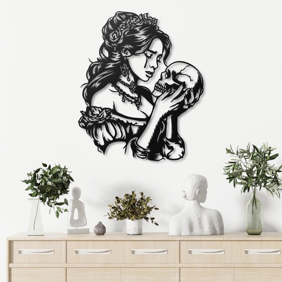 Gothic Romance Wall Art, Victorian Lady and Skull, Memento Mori Home Decor, Dark Elegance Metal Art