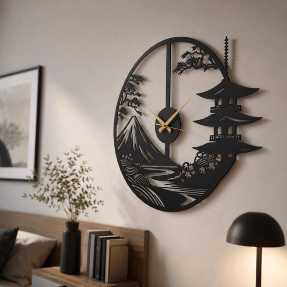 Japanese Landscape Metal Wall Clock - Zen Wall Decor