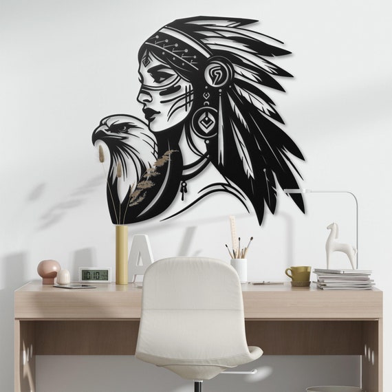 Warrior Woman Metal Wall Art | Tribal Warrior Princess Wall Decor | Eagle Spirit Metal Wall Hanging | Unique Tribal Themed Home Decor |