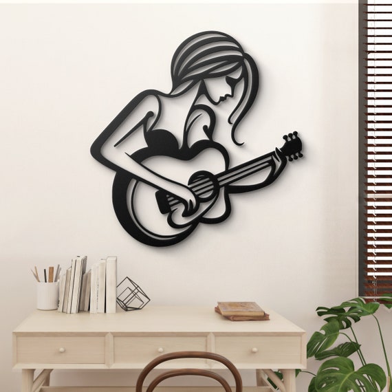 Elegant Female Guitarist Metal Wall Art - Minimalist Music Decor for Home, Studio, or Office - Perfect Gift for Music Lovers