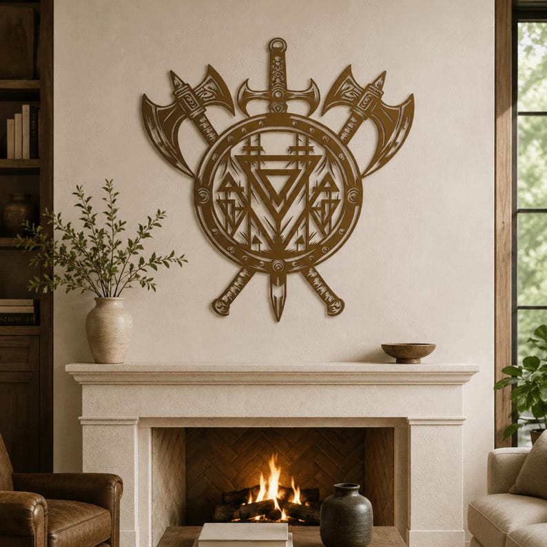 May include: A bronze-coloured metal wall art piece featuring a central circular shield design with geometric patterns, flanked by two crossed battle axes and a vertical sword positioned behind the shield, creating a symmetrical warrior-themed display.