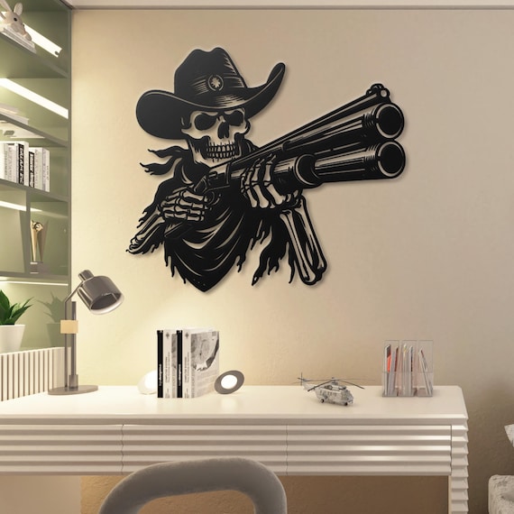 Metal Wall Art - Skeleton Cowboy with Shotgun | Western Gothic Decor | Steampunk Home Accent