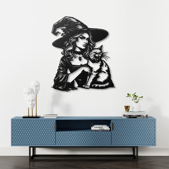 Witch and Cat Metal Wall Art | Gothic Witchcraft Decor | Halloween Cat Wall Hanging