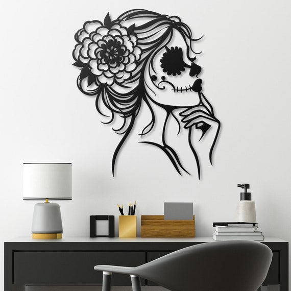 Elegant Day of the Dead Sugar Skull Woman | Metal Wall Art Decor | Boho Skull Art | Dia de los Muertos Home Decor