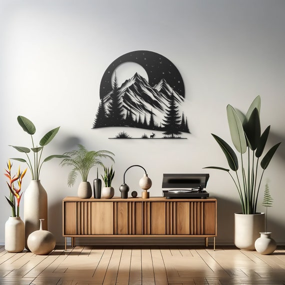 Majestic Mountains and Trees Metal Wall Art - Nature's Silhouette Under Starry Sky Wall Decor