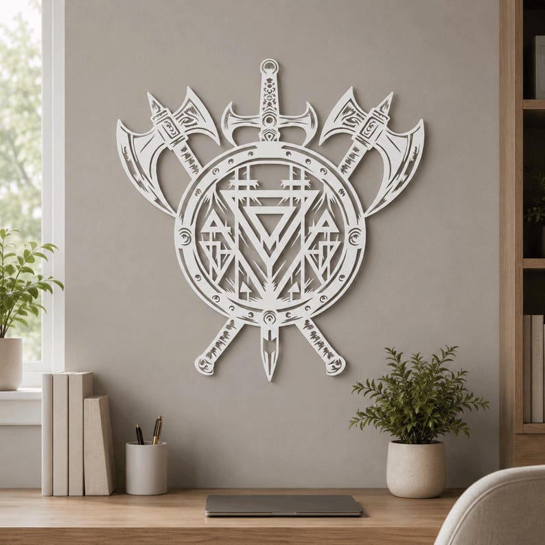 May include: A white wall-mounted metal art piece featuring a central circular shield with intricate geometric cutouts, flanked by two crossed battle axes and a vertical sword positioned behind the shield, creating a symmetrical warrior emblem.